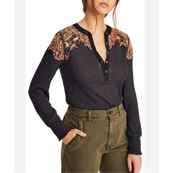 Free People Easy Breezy Henley Open Embroidered Long Sleeve Top XS Charcoal - Picture 1 of 16